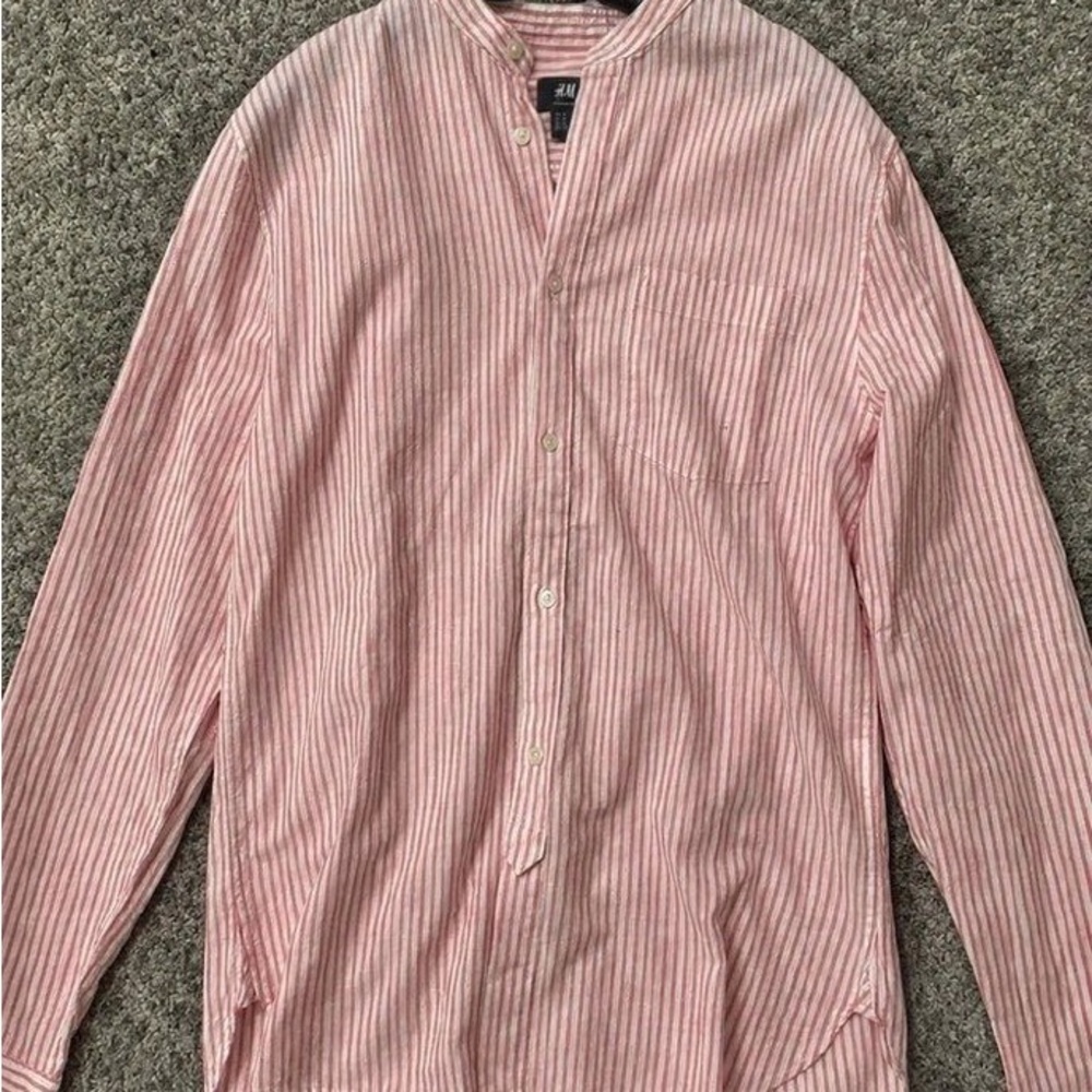 H&M Pink and White Striped Band Collar Shirt